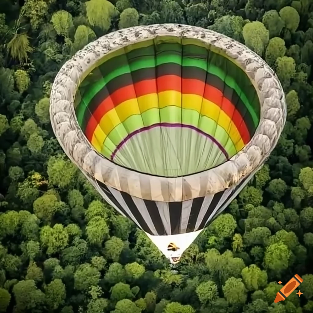 hot air balloon shaped like an audio waveform flying over a sunny jungle