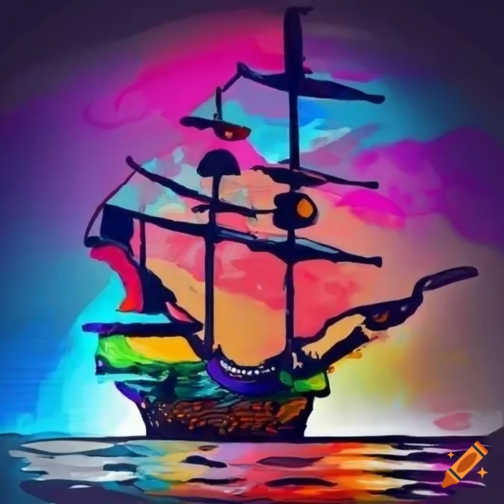 colorful crayon painting of a pirate ship