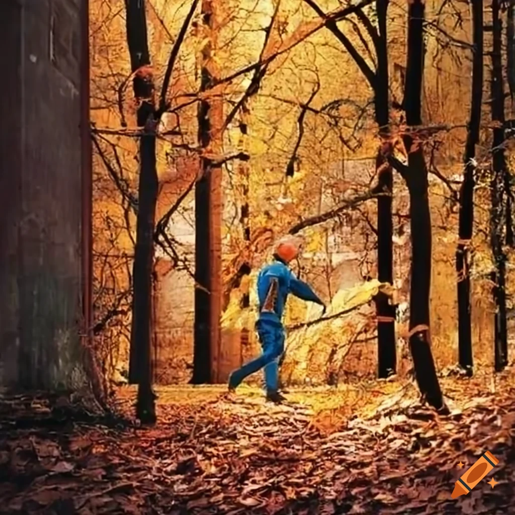 handyman raking leaves in the backyard