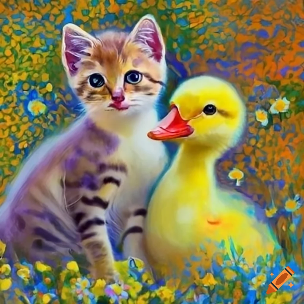 watercolor of a kitten and a duckling cuddling in a field of flowers