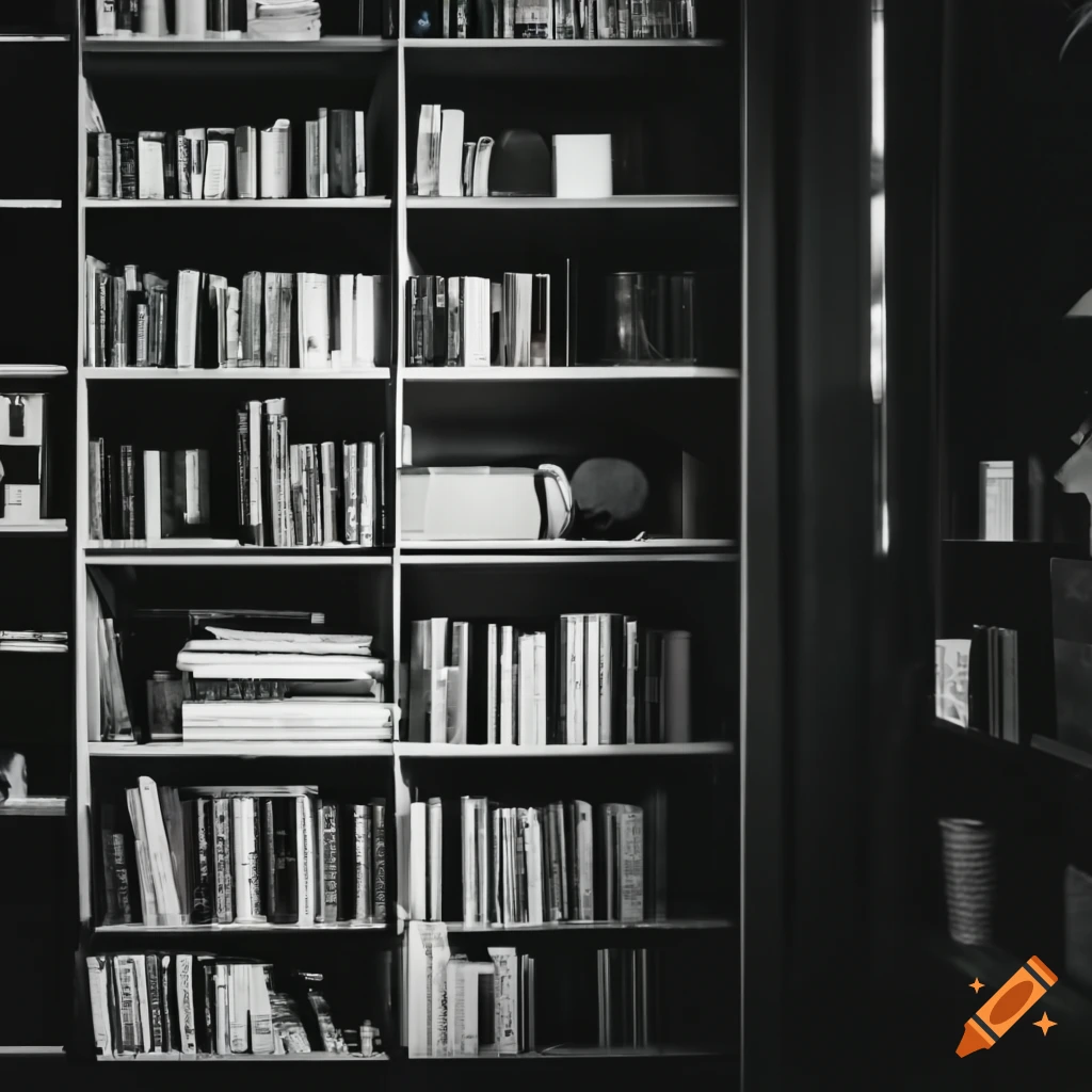 nighttime bookshelf with white highlights