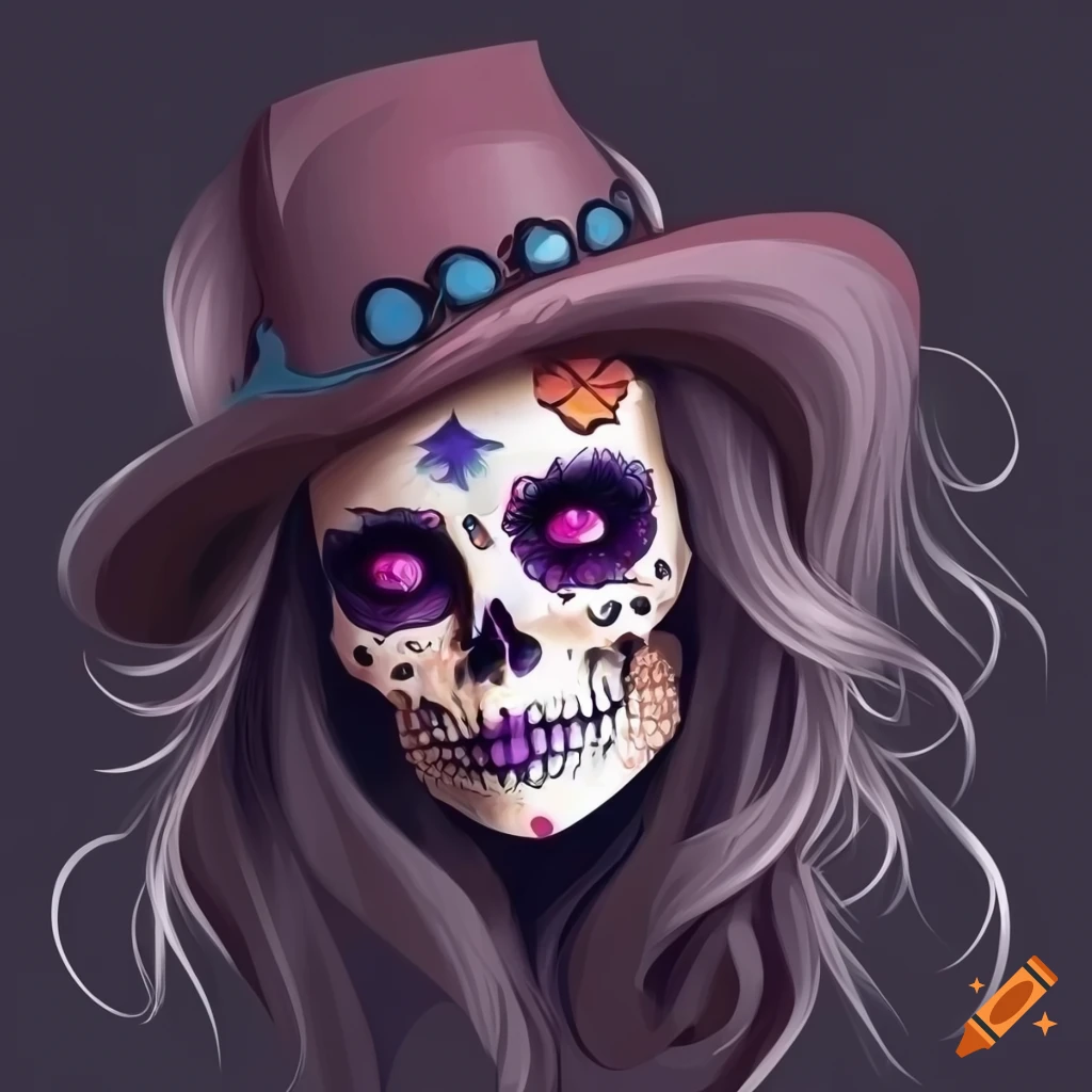 dia de los muertos-style skull with cowboy hat