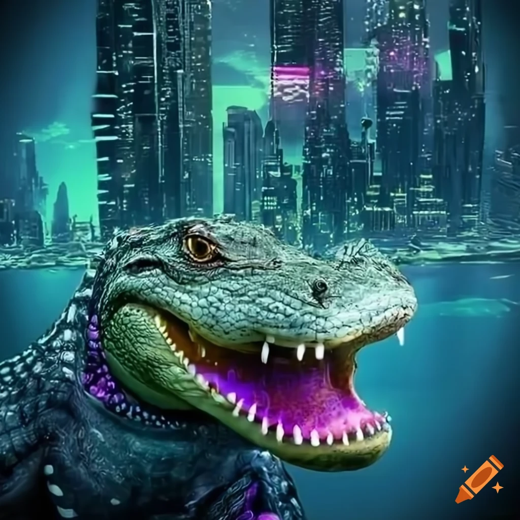 digital art of a cyberpunk alligator in underwater city