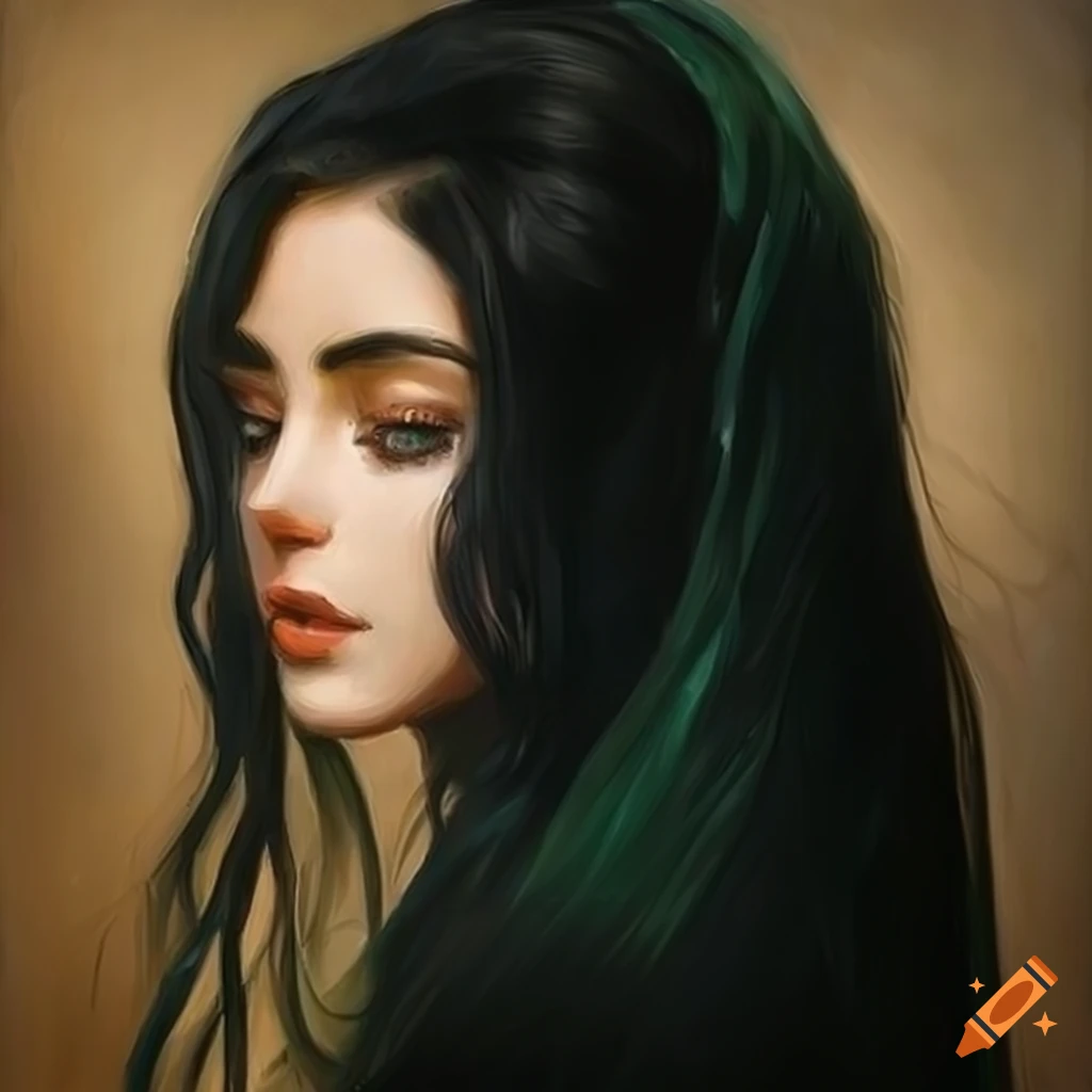 Oil painting of a woman with green eyes and black hair on Craiyon