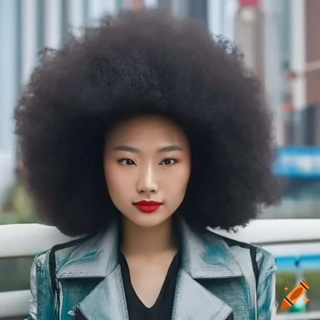 Chinese woman with afro hair in braided ponytail and accessories