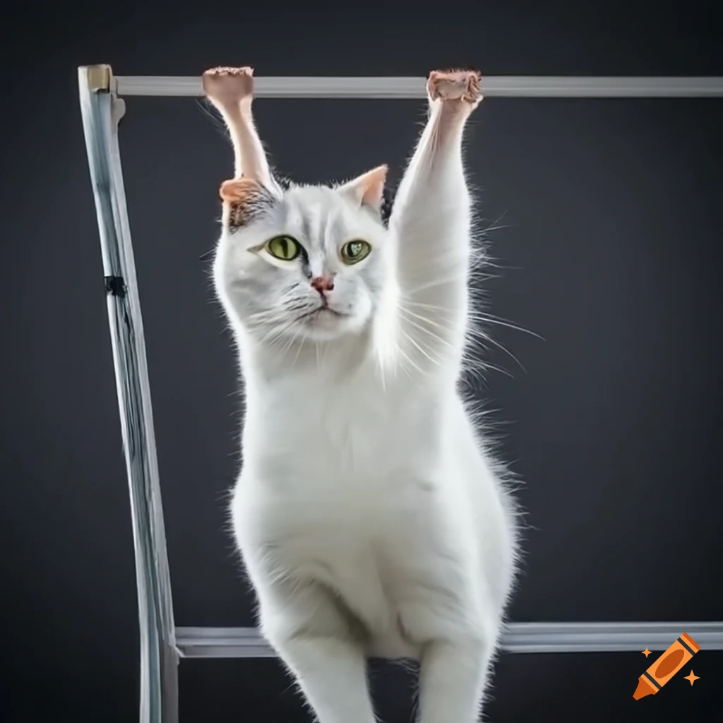 white cat doing pull ups