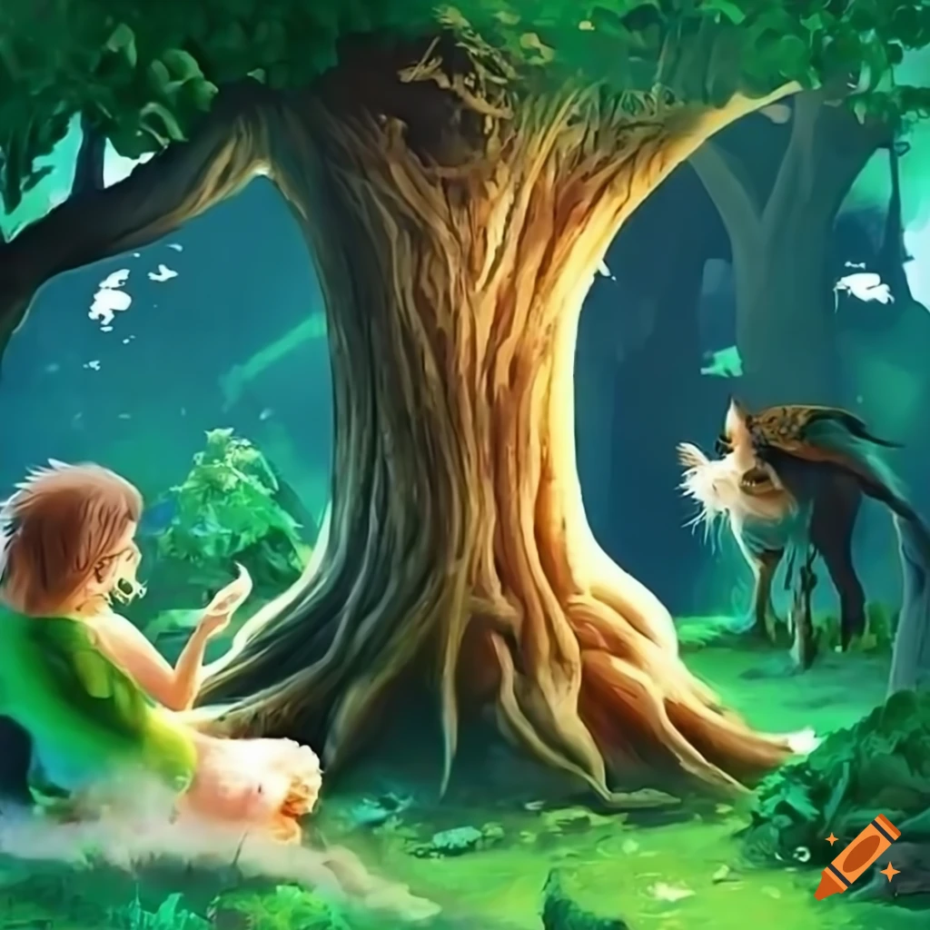 elf druid with a cat tree