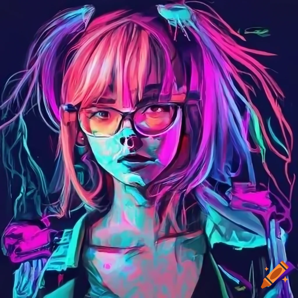 cyberpunk anime girl with neon clothes and stylish glasses