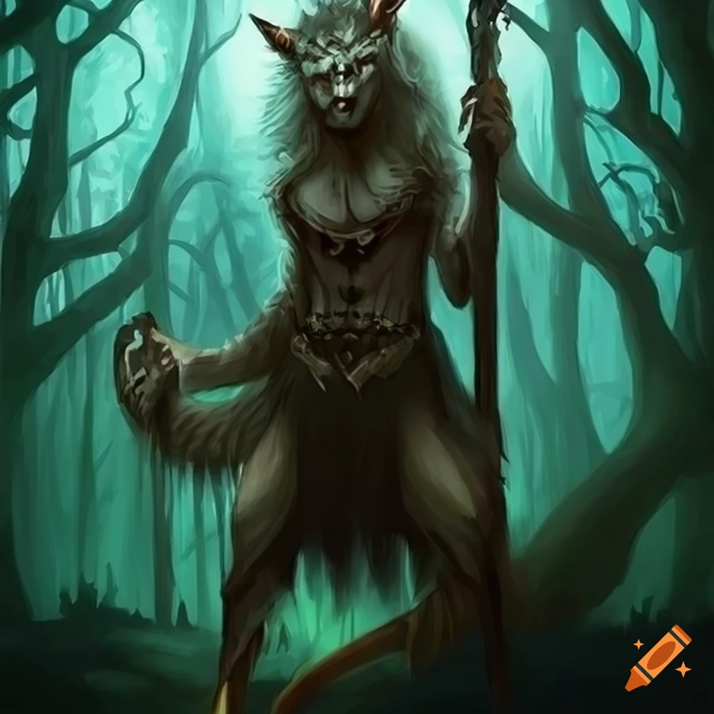 fantasy art of a half-beast healer in a dark forest