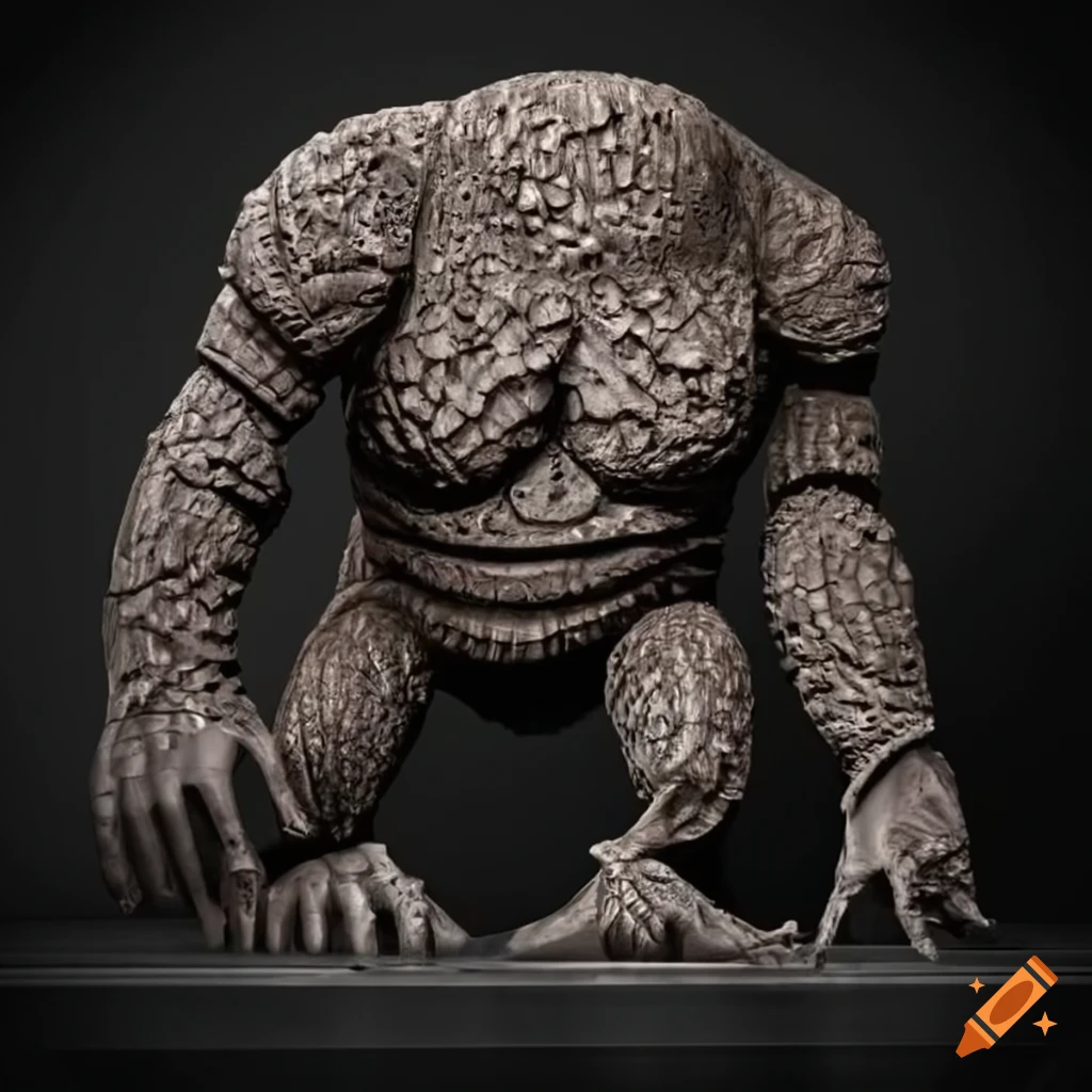 sculpture of a troglodytic humanoid made of basalt