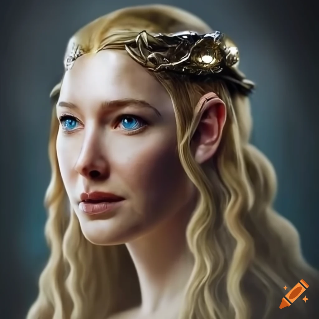 photorealistic portrait of Galadriel with magic ring