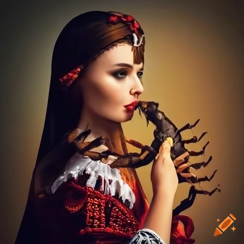 woman in traditional Romanian costume holding a scorpion
