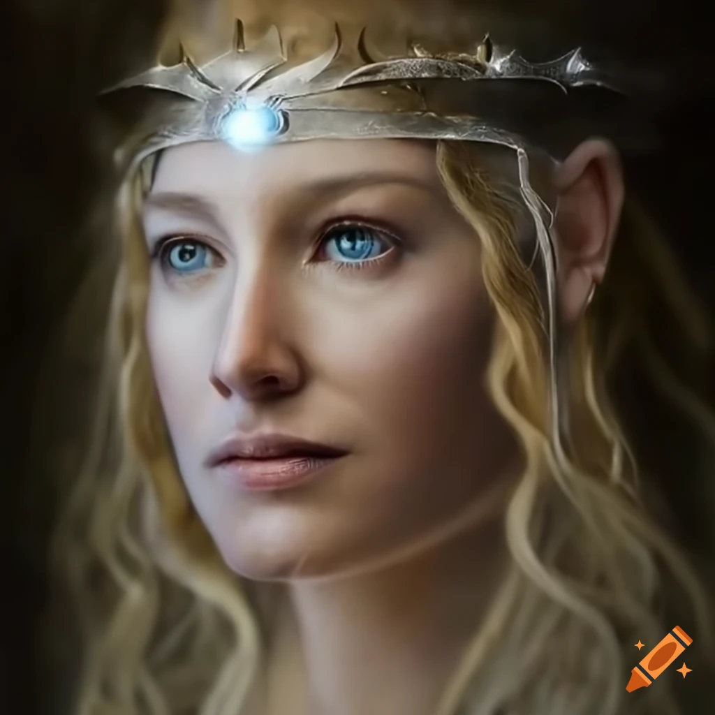 photorealistic portrait of Galadriel with magic ring