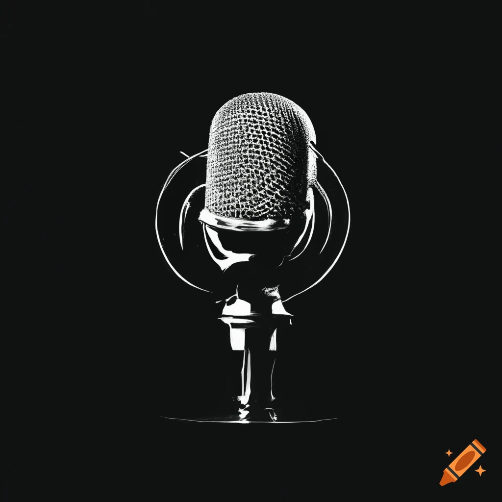 black and white image of a book and podcast microphone