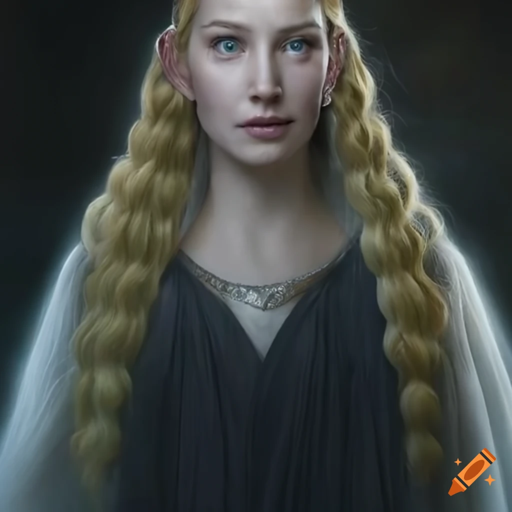 photorealistic portrait of Galadriel with the magic ring