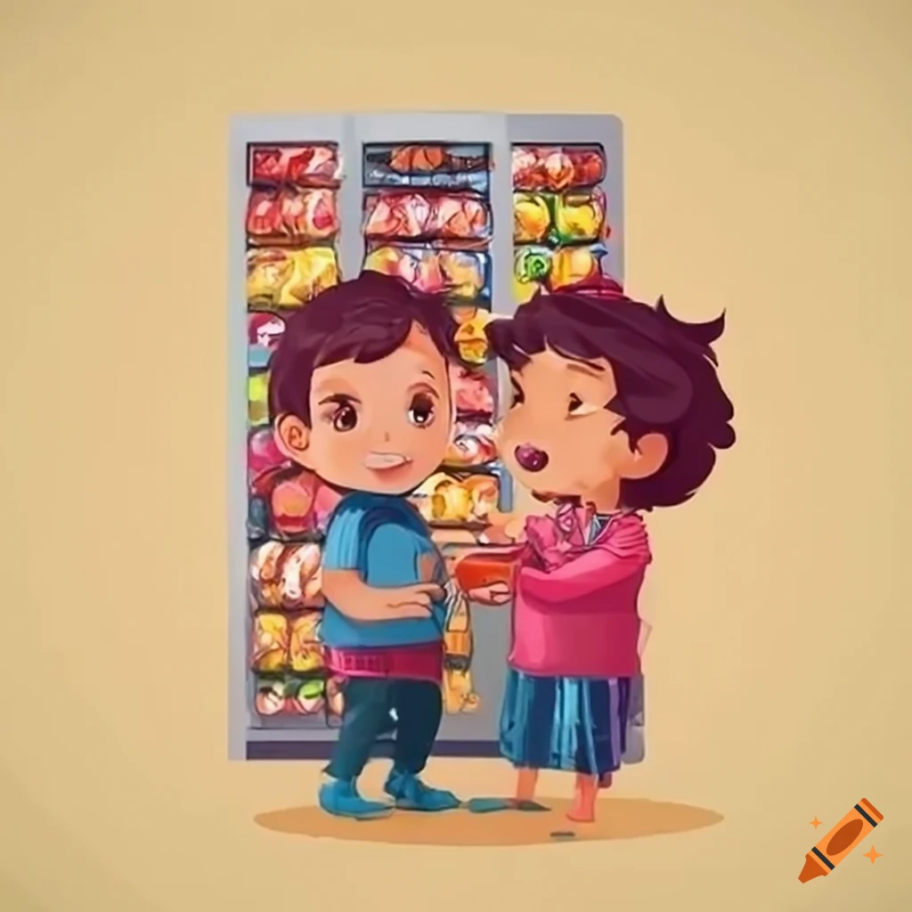 siblings using a vending machine