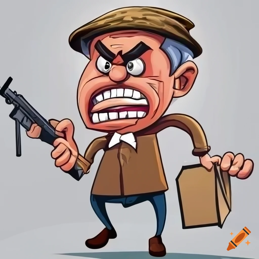 cartoon cereal box cover with an angry man holding a rifle