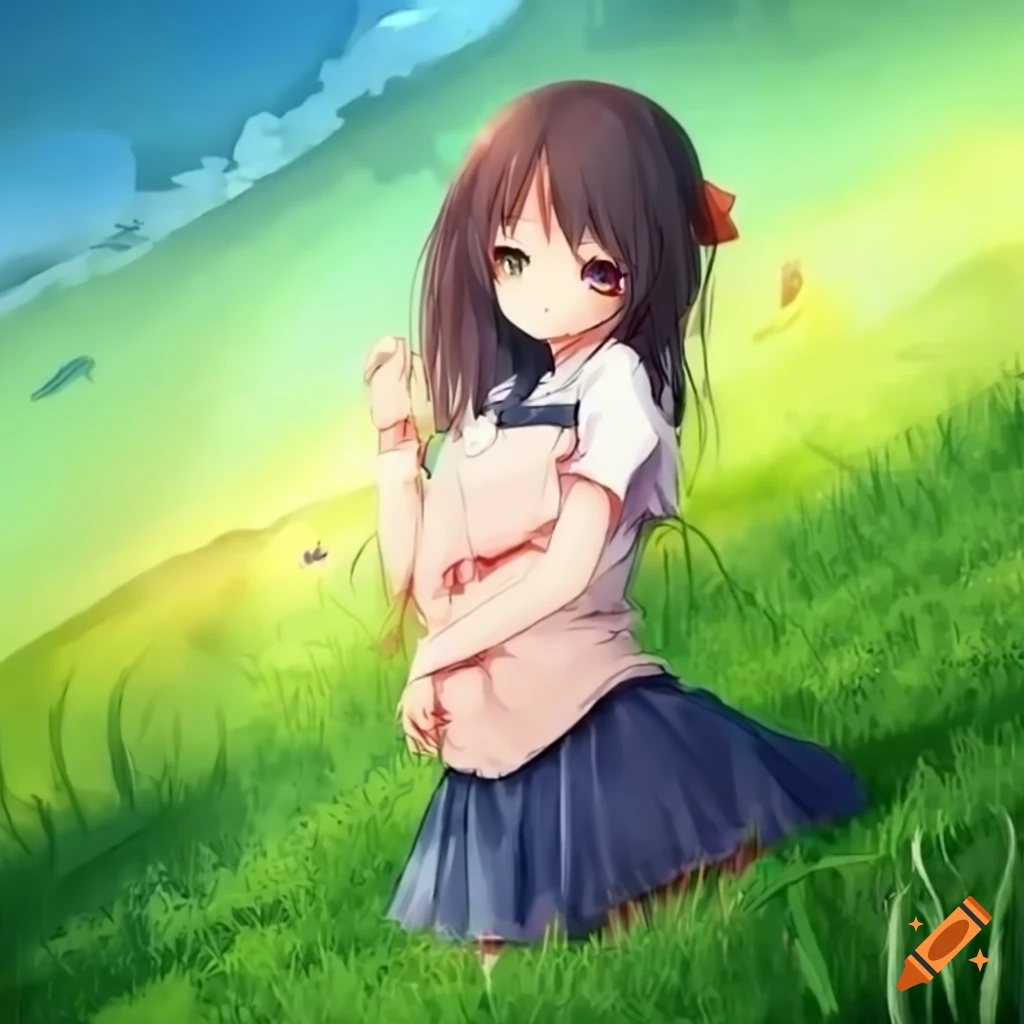 anime schoolgirl resting in a green field