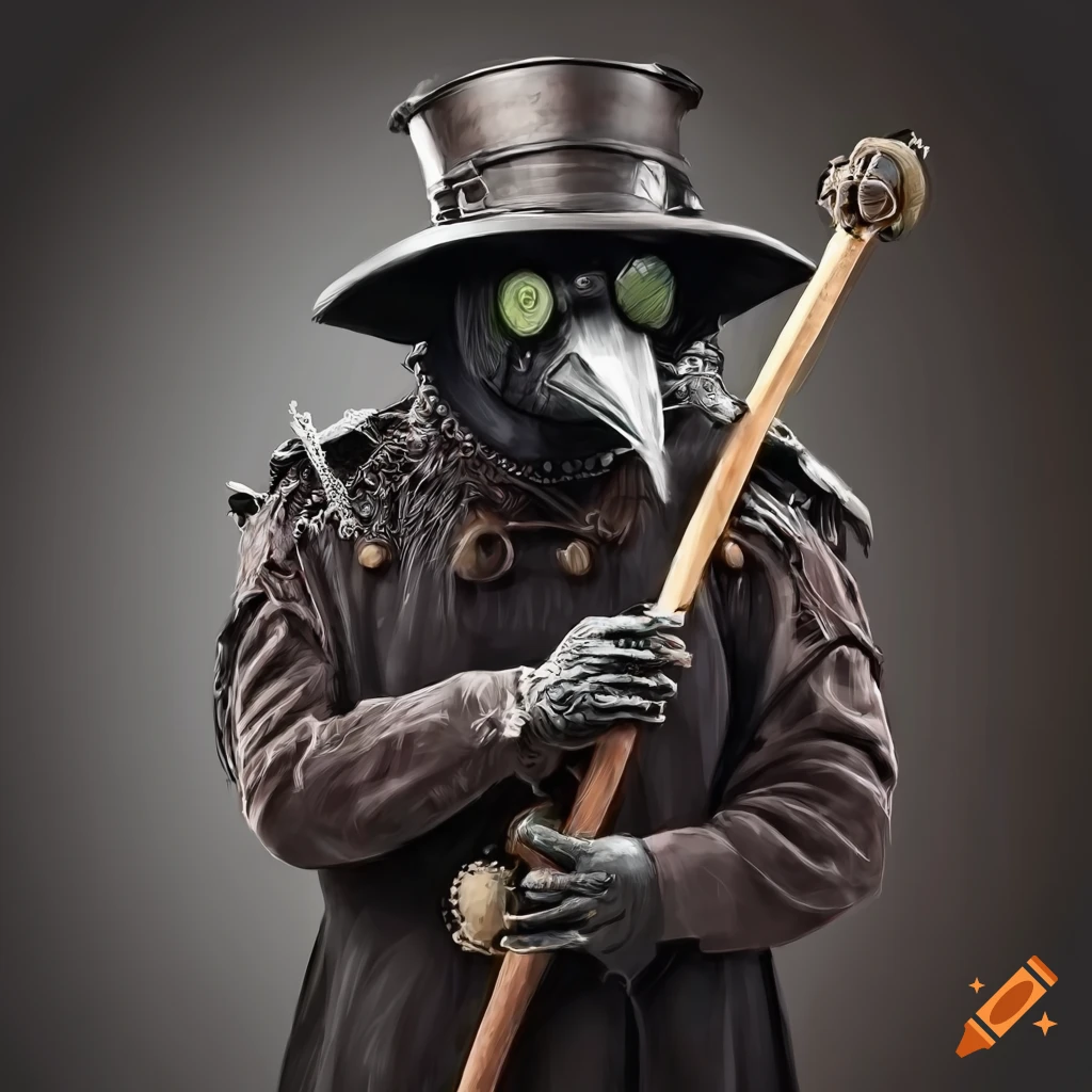 steampunk plague doctor with wooden staff