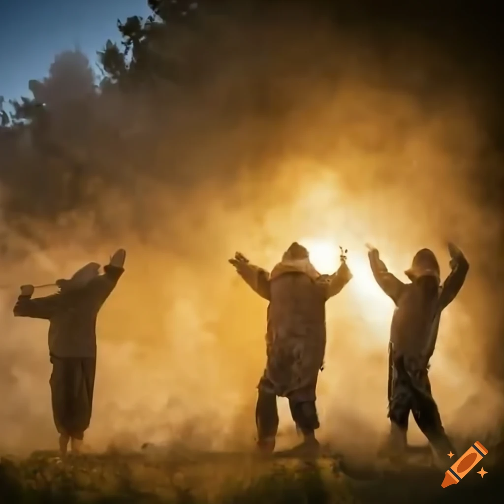 beekeepers dancing in front of beehives