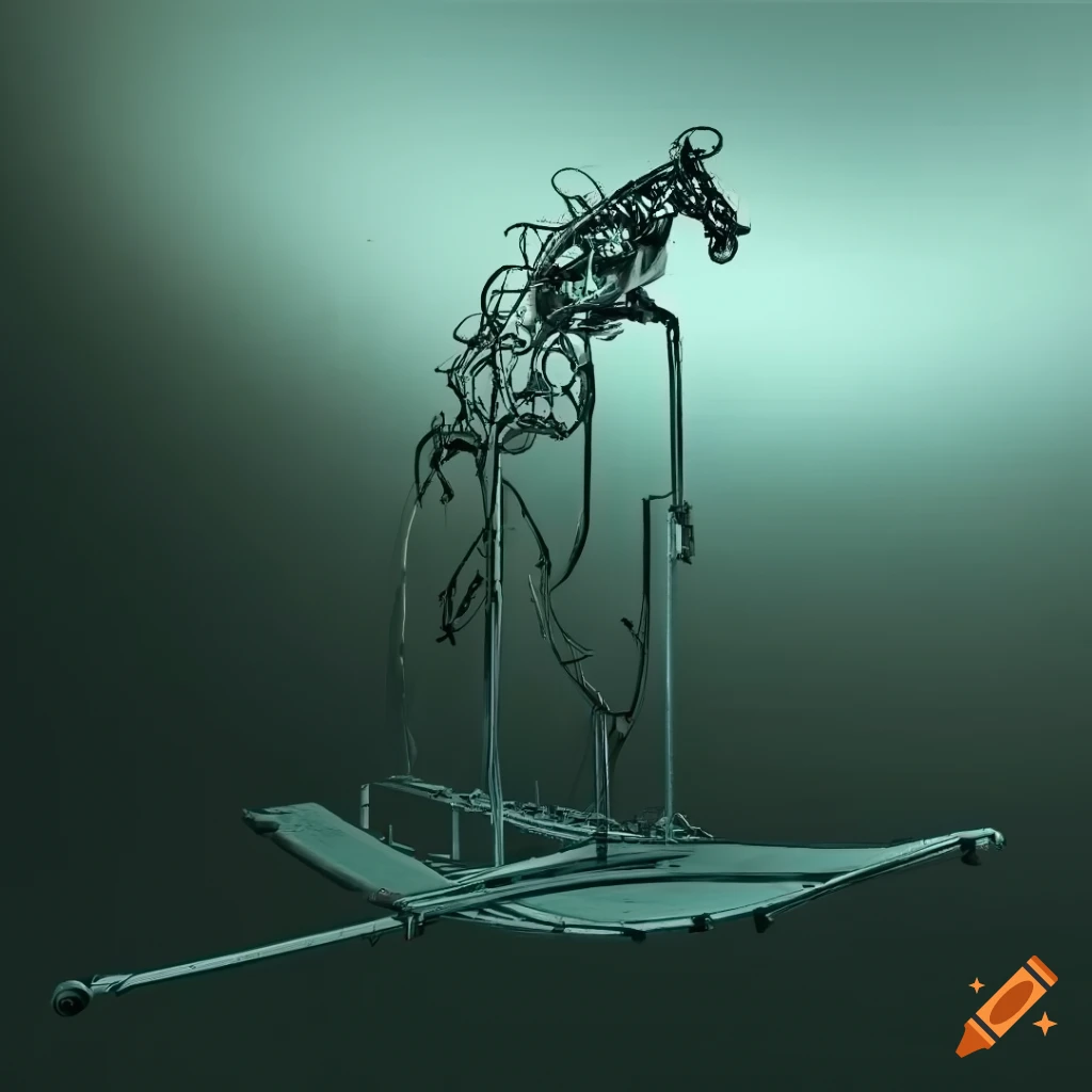 surrealist wireframe sculpture of a rocking horse