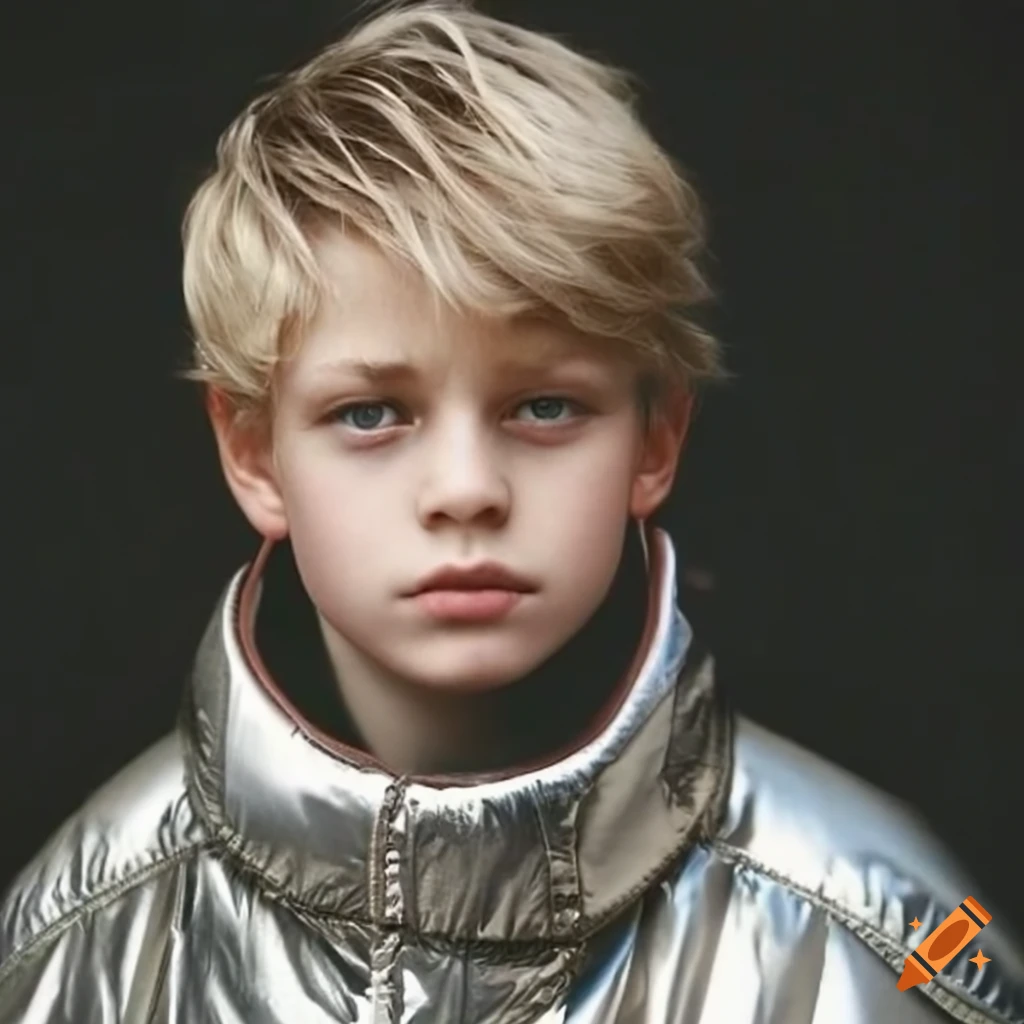 fashionable young boy wearing a silver Moncler jacket