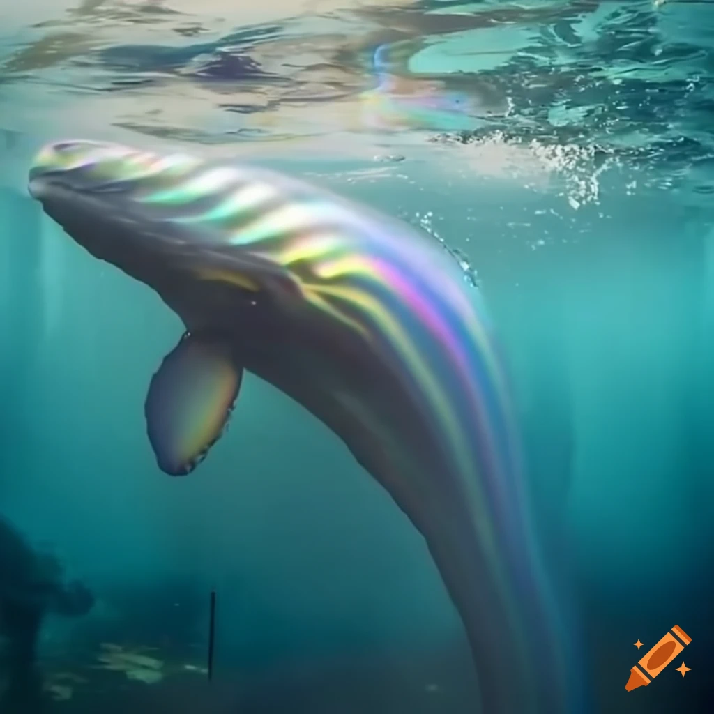 image of an iridescent rainbow-striped whale emerging from the ocean