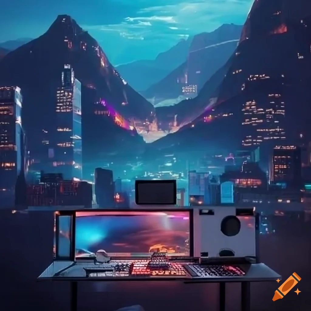 Cyber city with gaming setup on mountain view on Craiyon