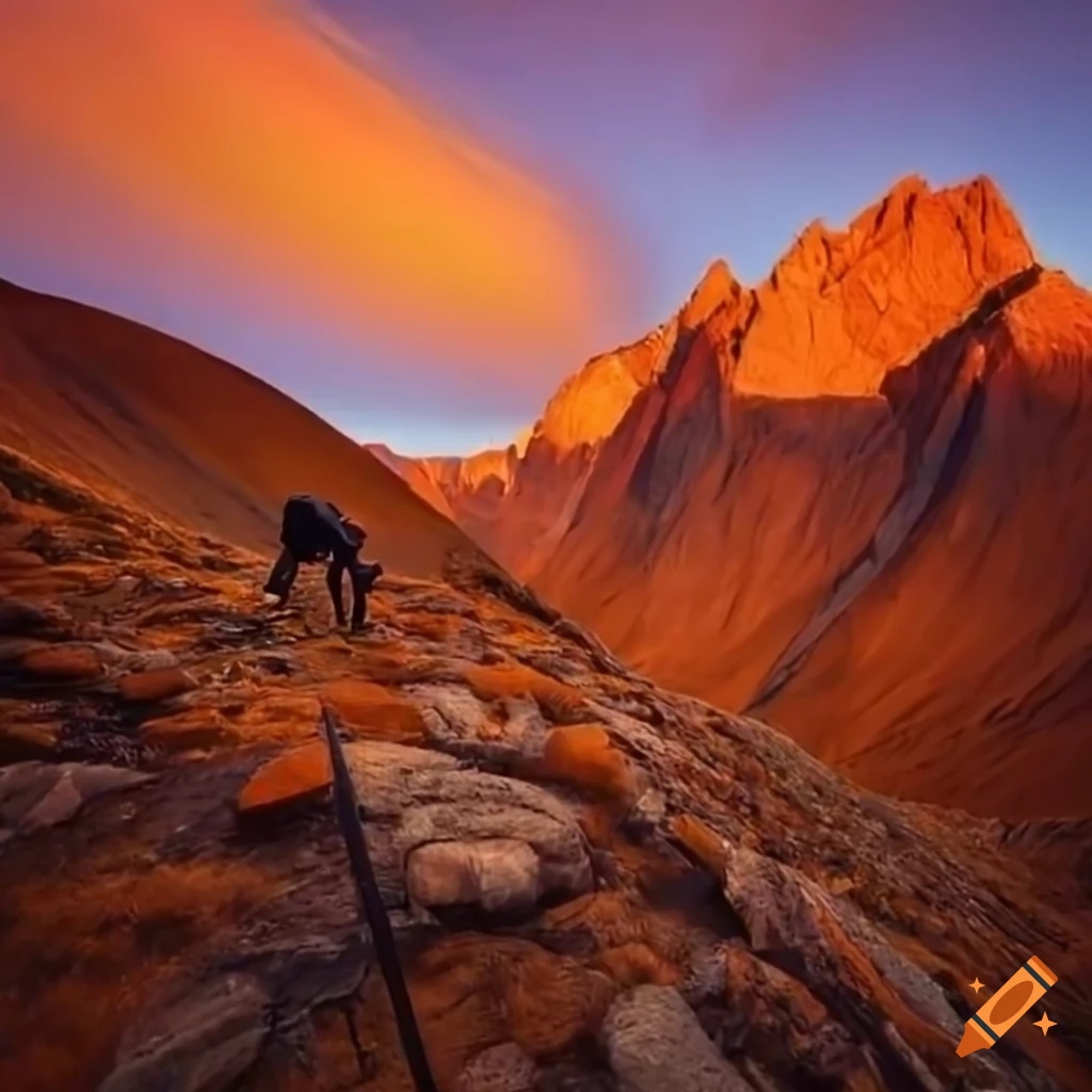 man in orange jacket nearing the mountain summit