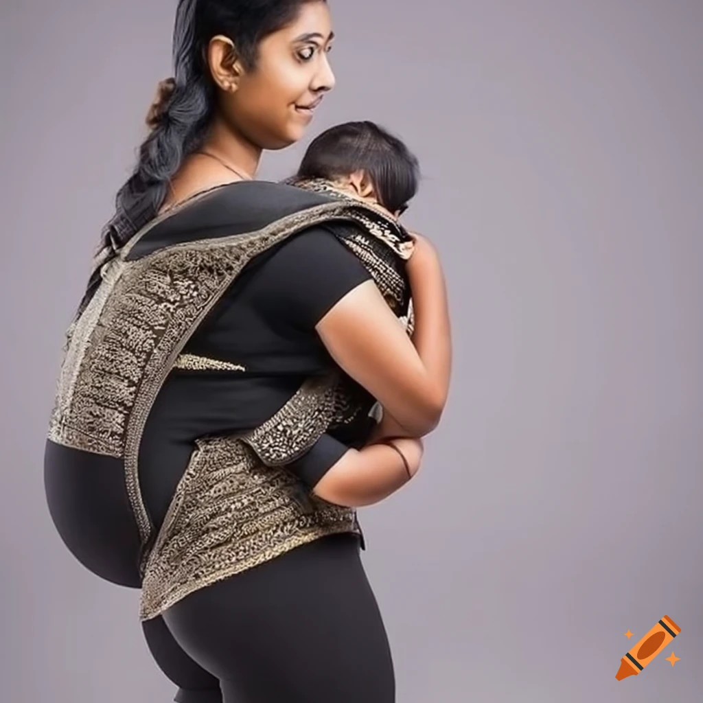 Back view of indian women wearing black leggings with baby carrier