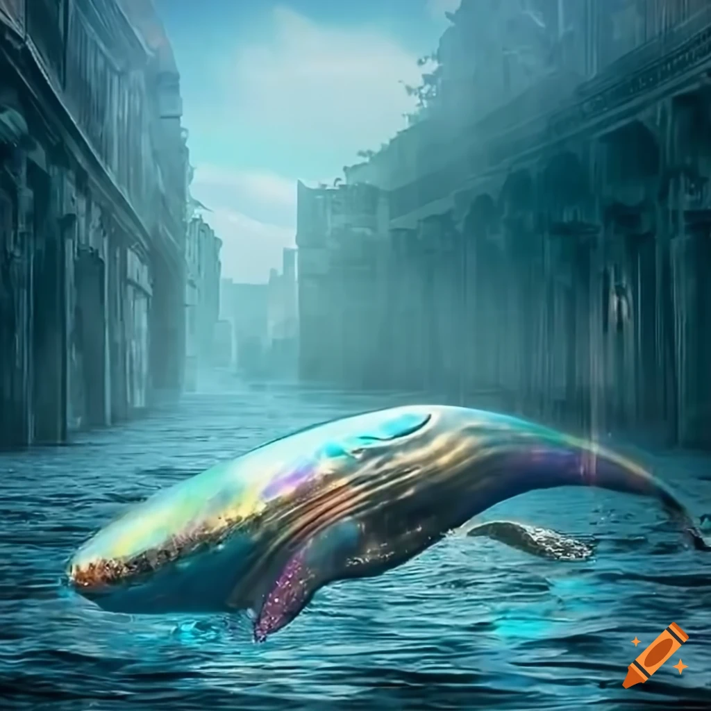 image of a rainbow-striped transparent whale emerging from the ocean