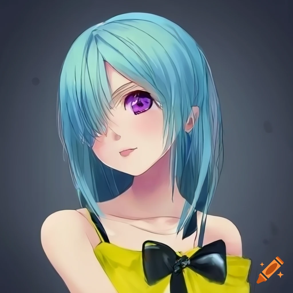 anime girl with blue hair and purple eyes