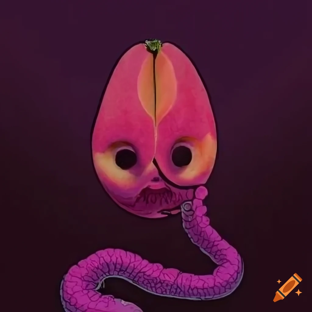 artistic representation of a peach with a purple worm