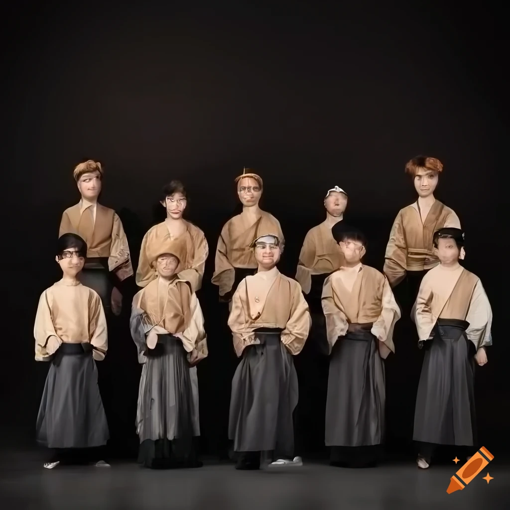 front-facing image of a Japanese male choir in traditional clothing