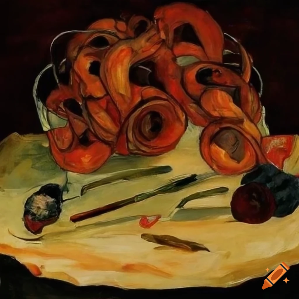 feast depicted in the style of Egon Schiele