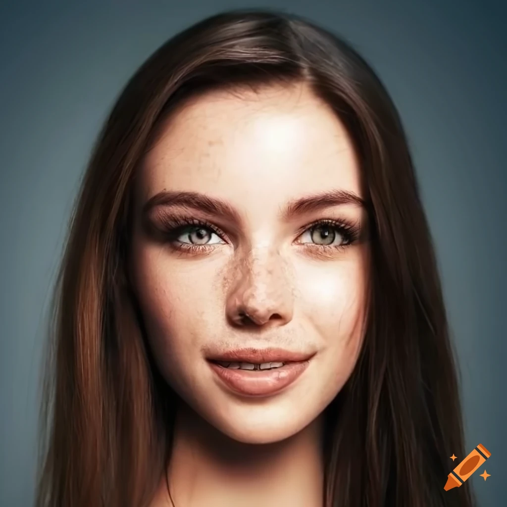 Portrait of a beautiful young woman with freckles and dark brown hair ...