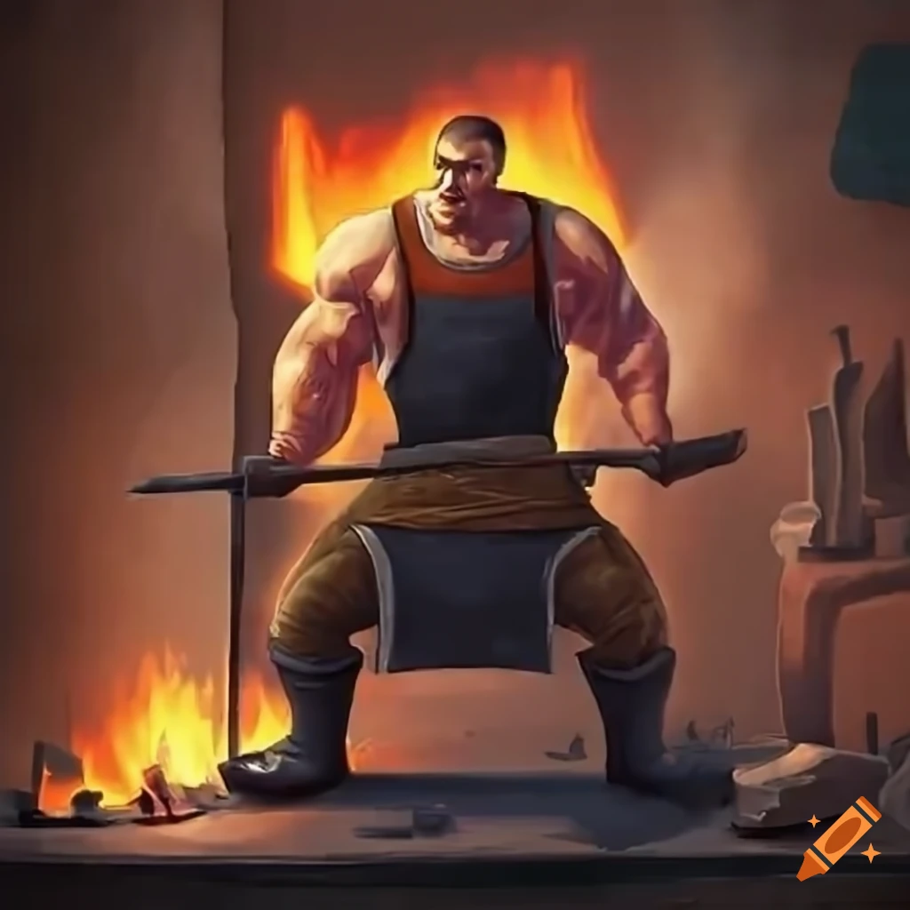 image of a strong blacksmith in front of a fireplace