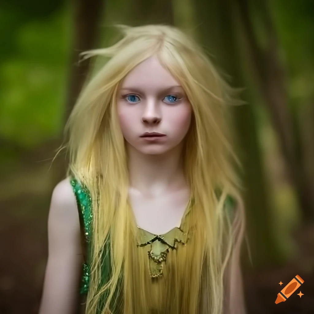 Art of a young forest elf with blond hair and gold eyes on Craiyon
