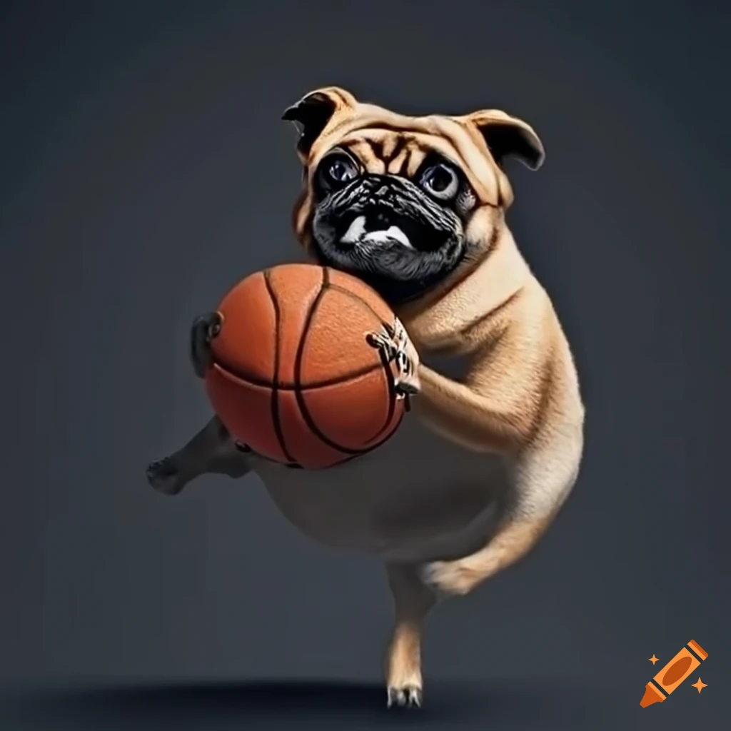 pug playing basketball