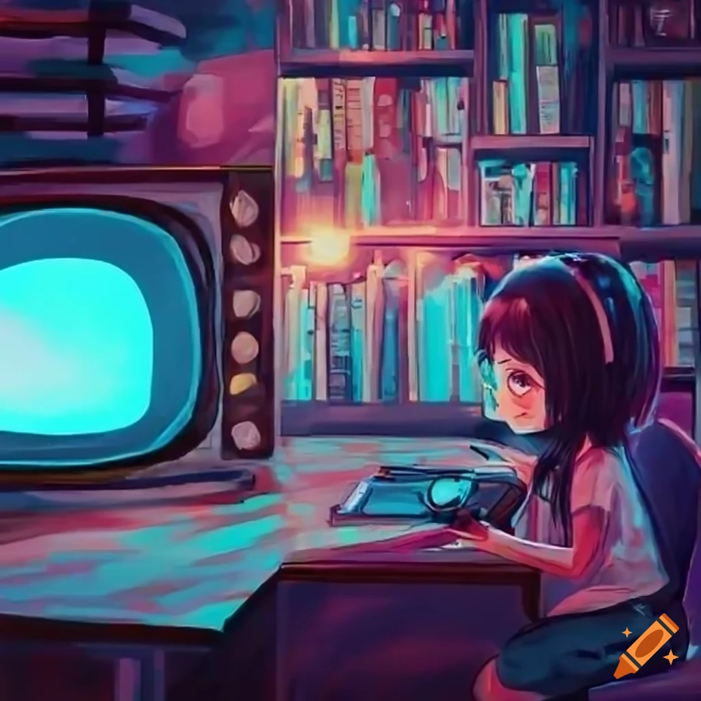 anime-style gamer girl playing video games in a dark room