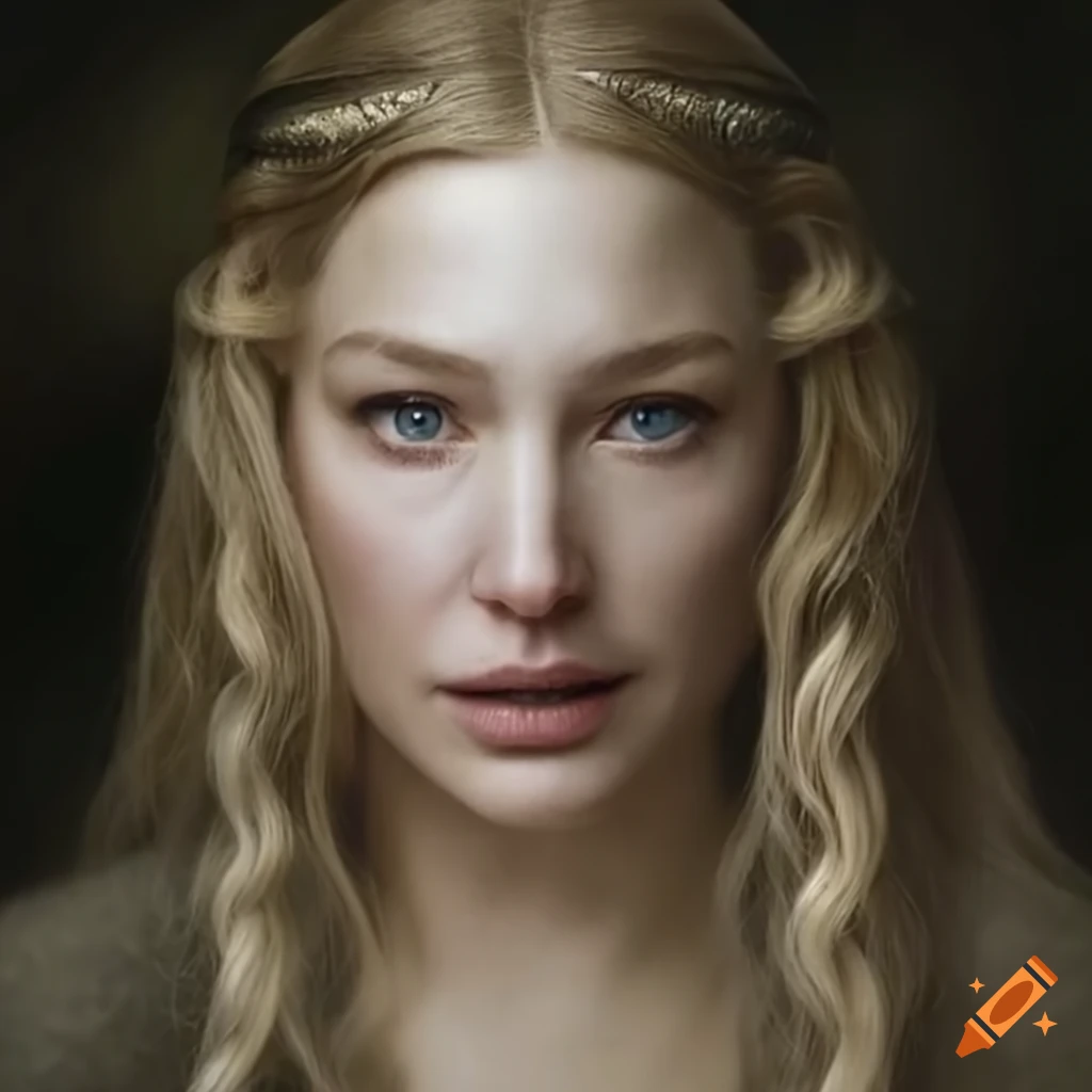photorealistic portrait of Galadriel with magic ring