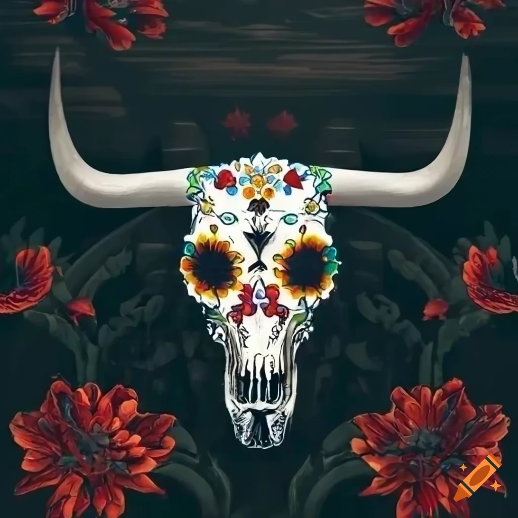 longhorn skull with dia de los muertos design