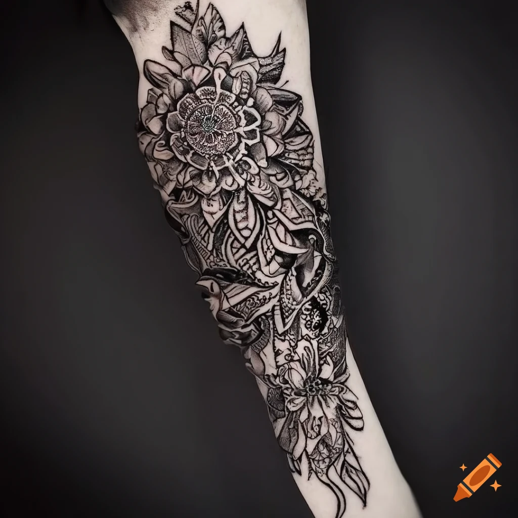Intricate mandala tattoo sleeve with floral design on Craiyon