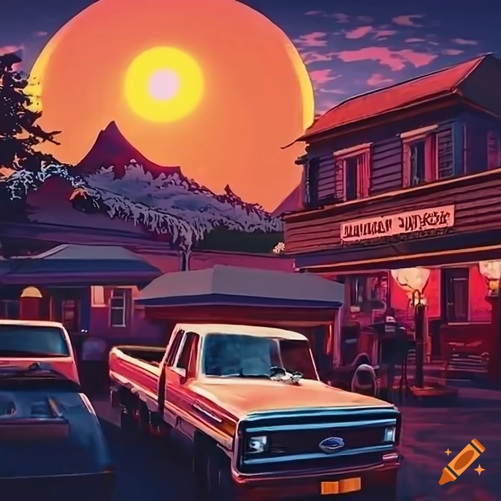 close-up artwork of a Hokusai masterpiece featuring a jazz band's pickup truck at a motel
