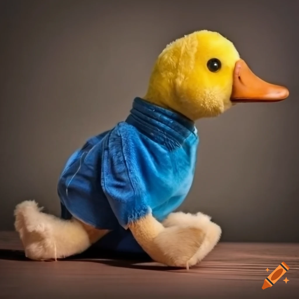 photograph of a duck stuffed animal wearing a polo shirt