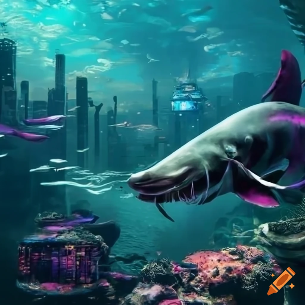 digital art of a cyberpunk Wels catfish in futuristic underwater city