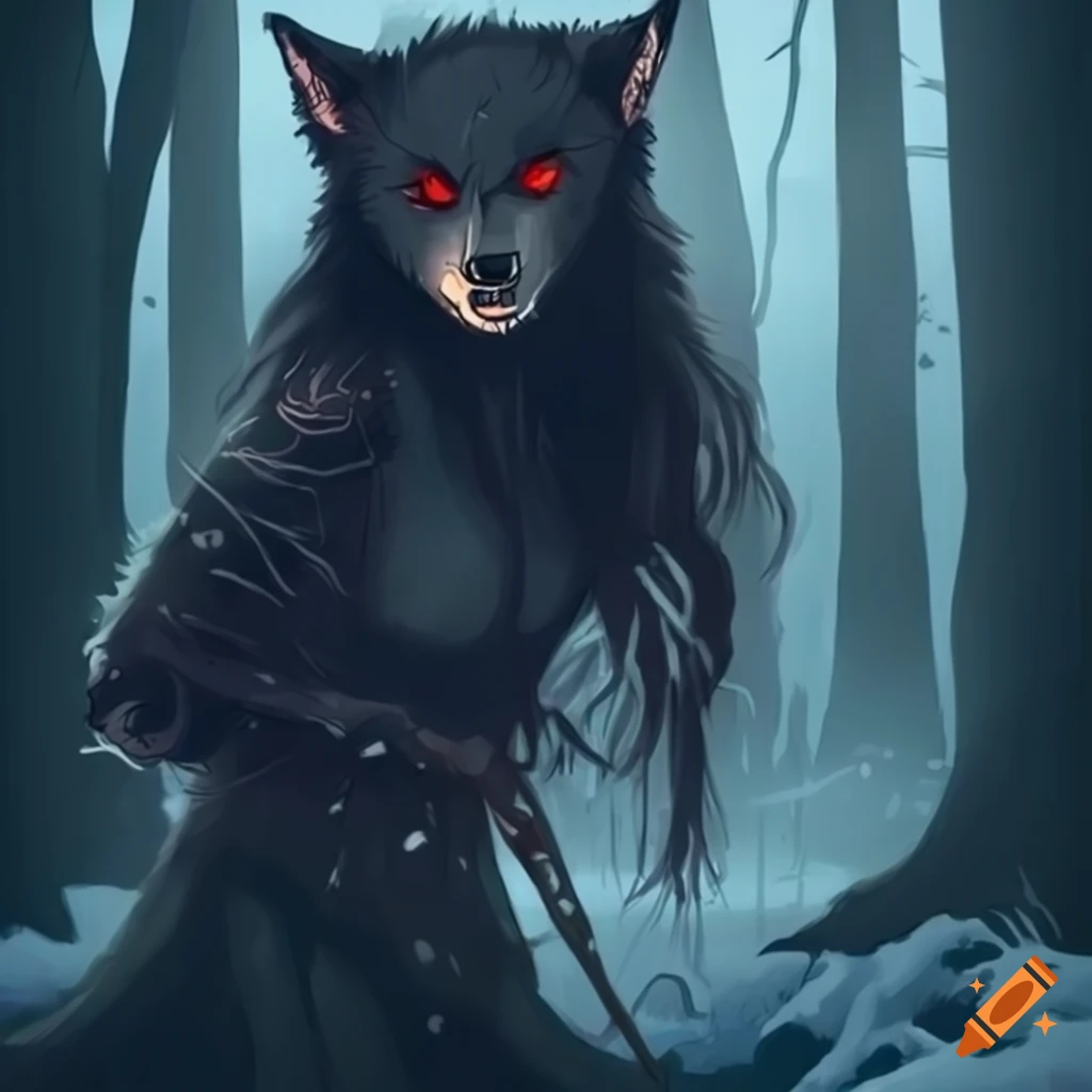 illustration of a female werewolf in a snowy forest