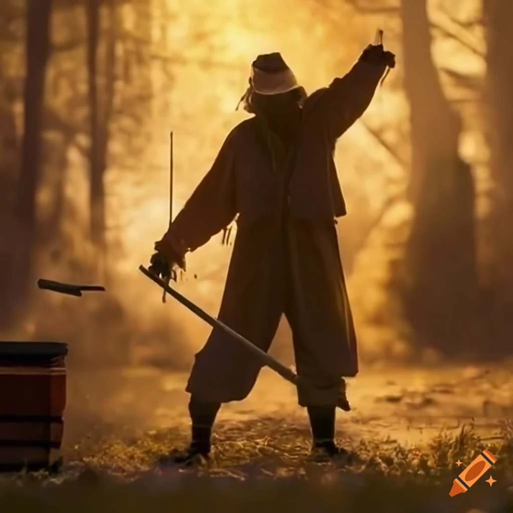 image of beekeepers sword fighting outside