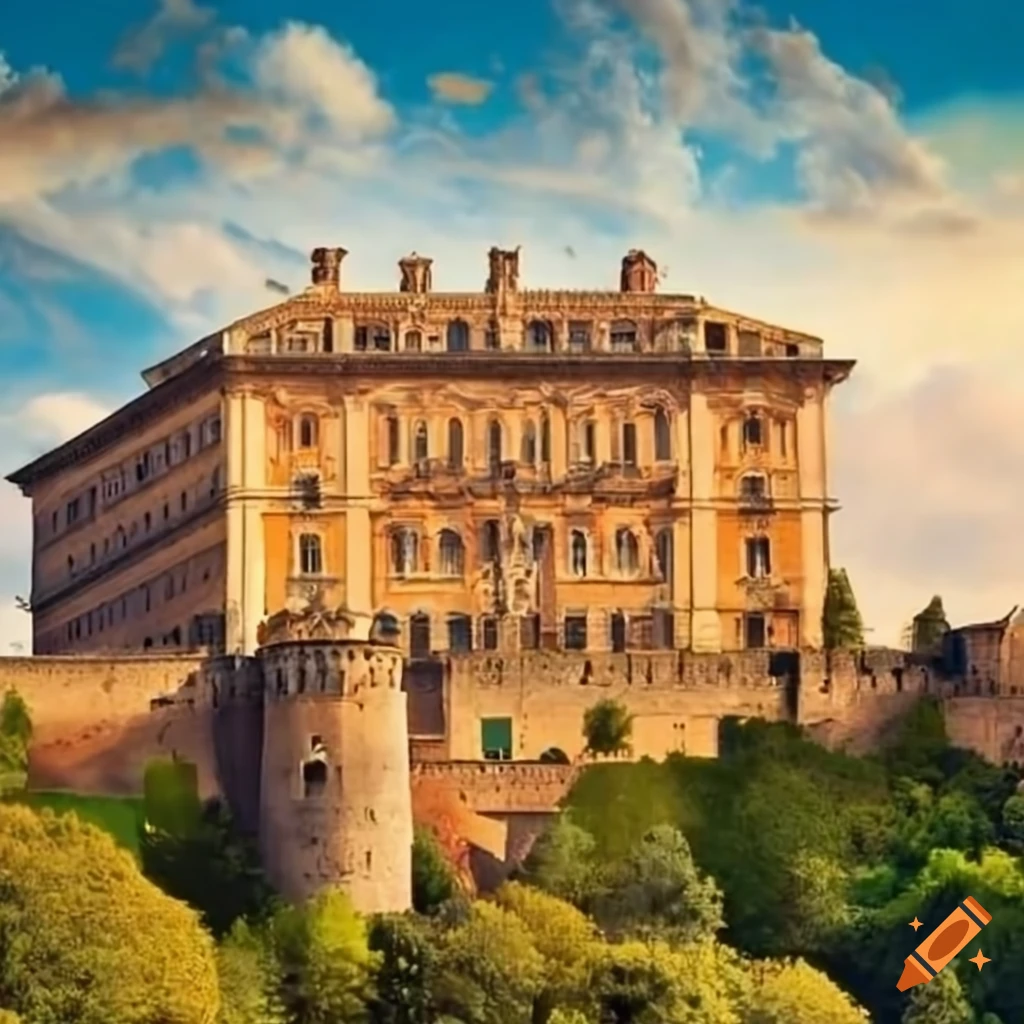 Italian baroque palace with fortifications on a hill