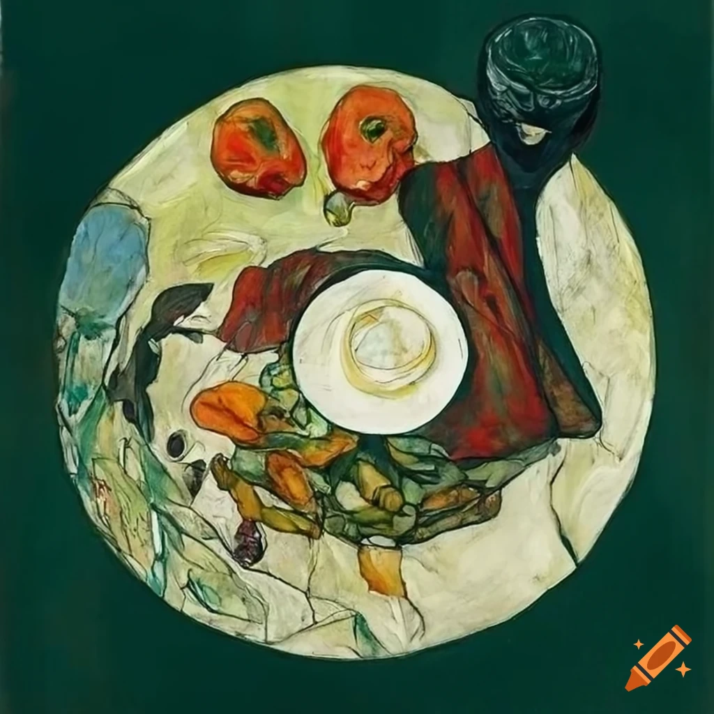 feast depicted in the style of Egon Schiele